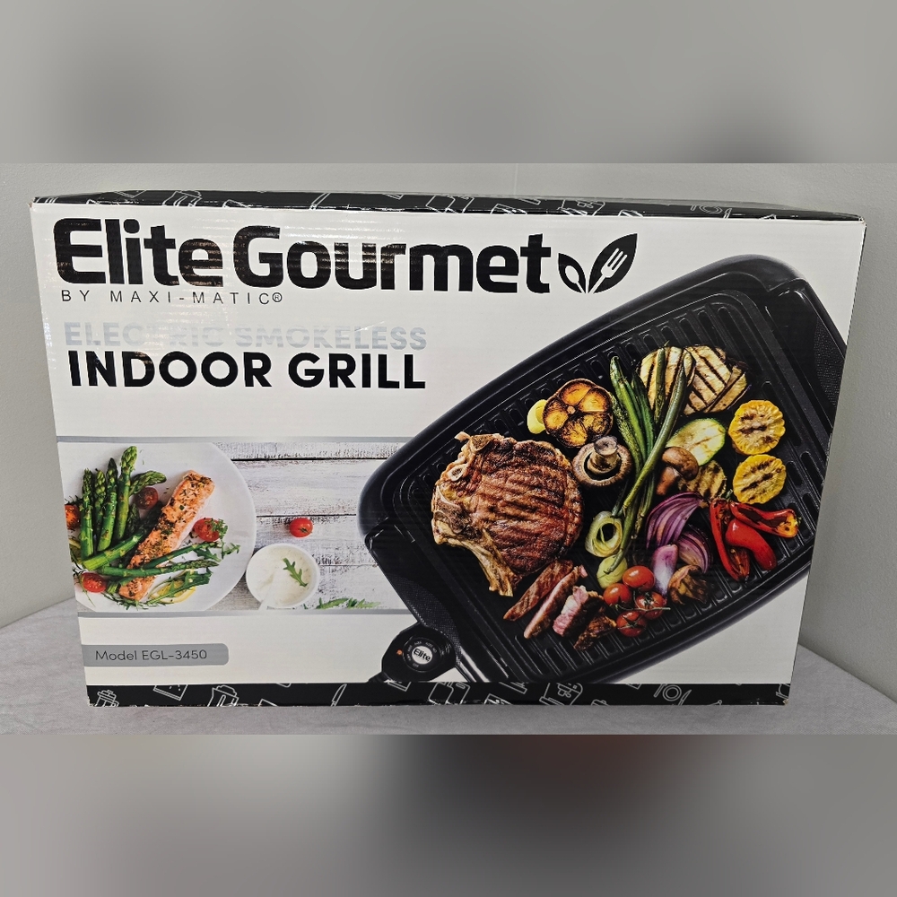 ELITE EGL-3450 Smokeless Indoor Electric BBQ Grill 12" x 10"